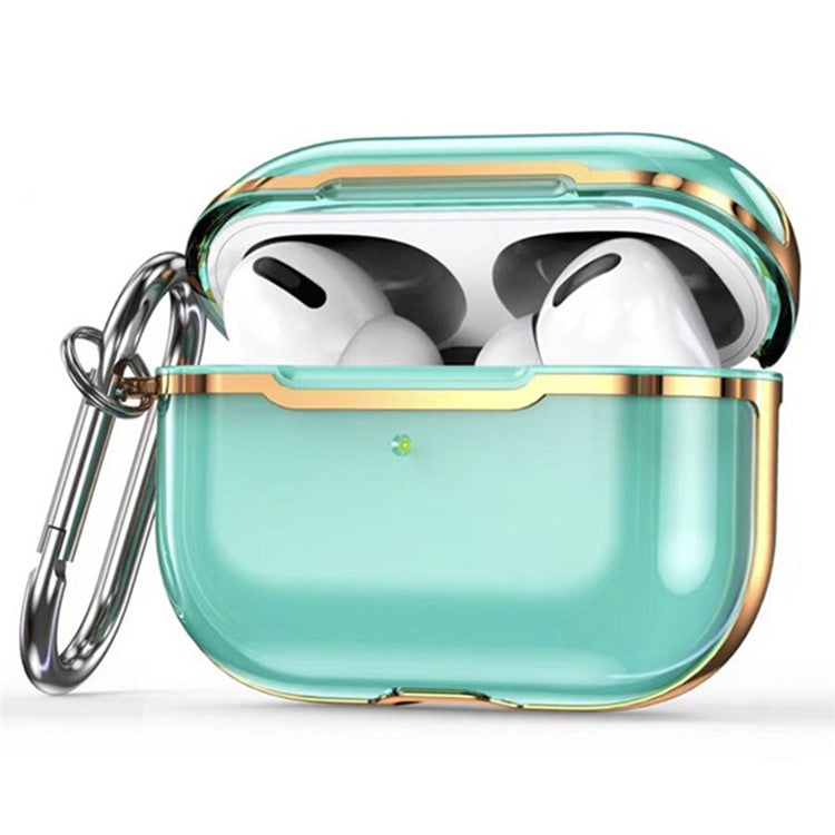 KKDJ865 For AirPods Pro 2 Transparent Earphone Case Soft TPU Hard PC Drop Proof Full Body Protective Electroplating Cover with Carabiner Hook - Transparent Green / Gold