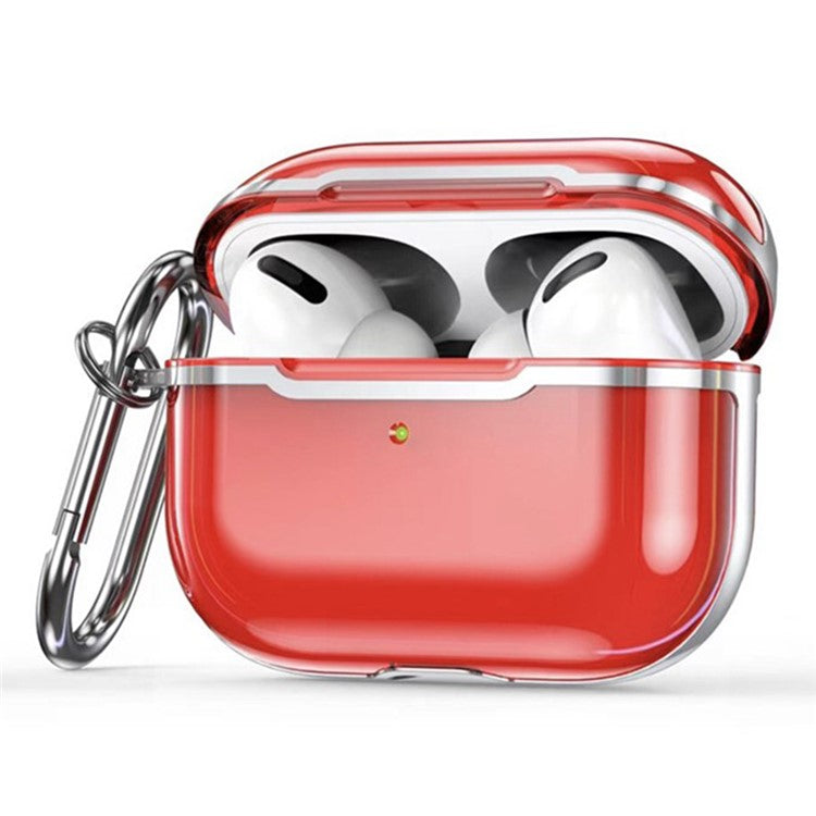 KKDJ865 For AirPods Pro 2 Transparent Earphone Case Soft TPU Hard PC Drop Proof Full Body Protective Electroplating Cover with Carabiner Hook - Transparent Red / Silver