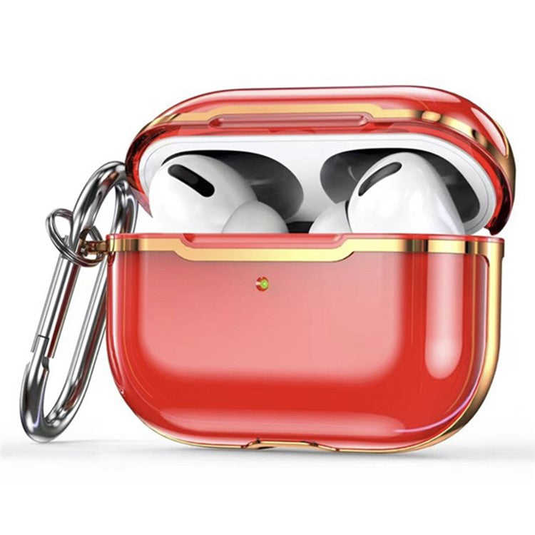 KKDJ865 For AirPods Pro 2 Transparent Earphone Case Soft TPU Hard PC Drop Proof Full Body Protective Electroplating Cover with Carabiner Hook - Transparent Red / Gold