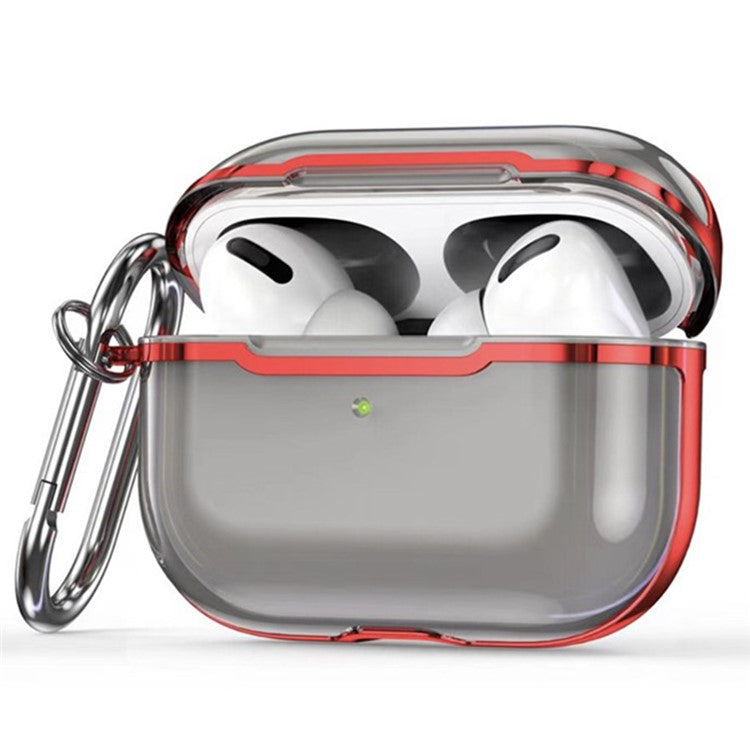 KKDJ865 For AirPods Pro 2 Transparent Earphone Case Soft TPU Hard PC Drop Proof Full Body Protective Electroplating Cover with Carabiner Hook - Transparent Black / Red