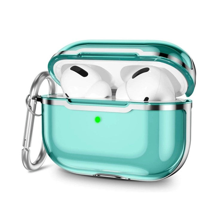 KKDJ865 For AirPods Pro 2 Transparent Earphone Case Soft TPU Hard PC Drop Proof Full Body Protective Electroplating Cover with Carabiner Hook - Transparent Green / Silver