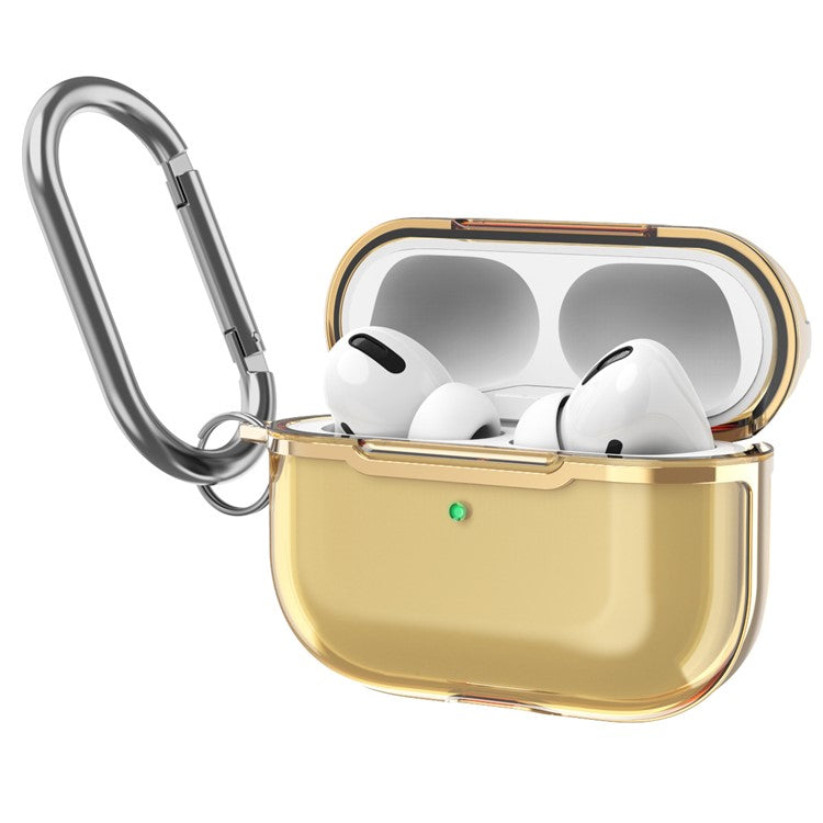 KKDJ865 For AirPods Pro 2 Transparent Earphone Case Soft TPU Hard PC Drop Proof Full Body Protective Electroplating Cover with Carabiner Hook - Transparent Gold / Gold