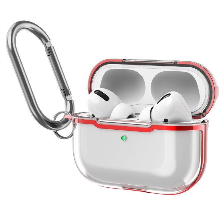 KKDJ865 For AirPods Pro 2 Transparent Earphone Case Soft TPU Hard PC Drop Proof Full Body Protective Electroplating Cover with Carabiner Hook - Transparent / Red