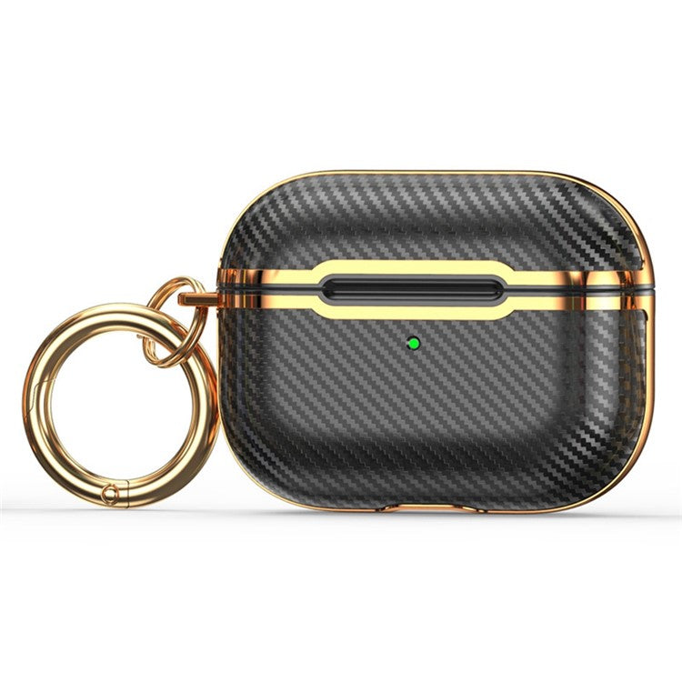 TXWDD86 For AirPods Pro 2 Electroplating Carbon Fiber Texture Bluetooth Earphone Protective Case TPU+PC Anti-drop Cover with Ring Buckle - Black / Gold