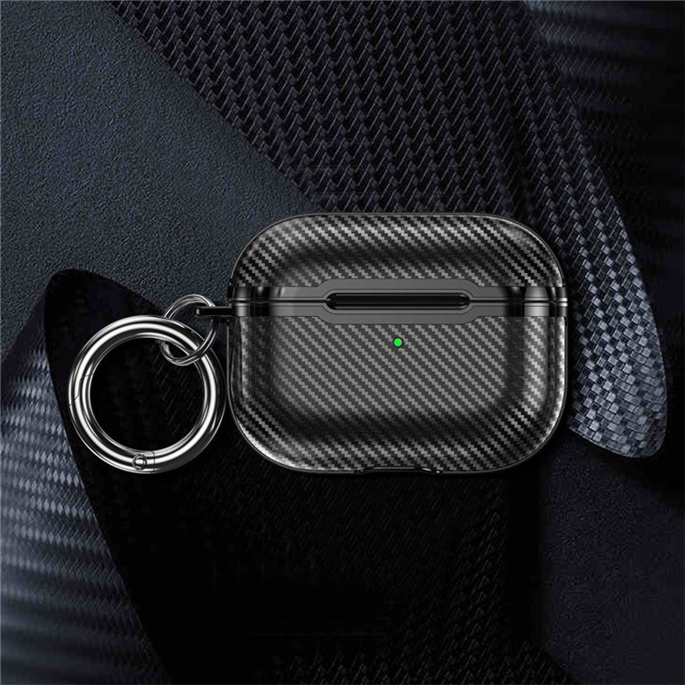 TXWDD86 For AirPods Pro 2 Electroplating Carbon Fiber Texture Bluetooth Earphone Protective Case TPU+PC Anti-drop Cover with Ring Buckle - Black / Gold