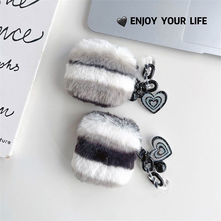 For AirPods with Charging Case (2016) / (2019) / AirPods with Wireless Charging Case (2019) Cute Plush Splicing Earphone Case Protective Cover with Heart Pendant - Black / White