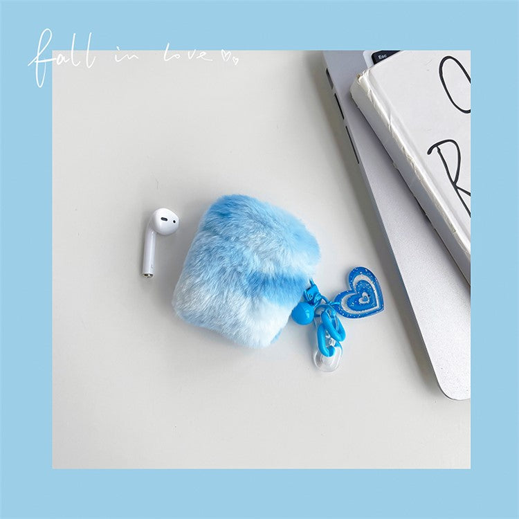 For AirPods with Charging Case (2016) / (2019) / AirPods with Wireless Charging Case (2019) Cute Plush Splicing Earphone Case Protective Cover with Heart Pendant - Blue / White