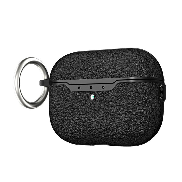 For AirPods Pro 2 Litchi Texture Soft TPU Bluetooth Earphone Case Ultra-thin Protective Cover with Ring Buckle - Black