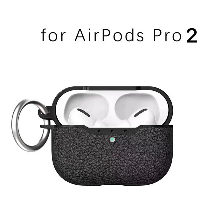 For AirPods Pro 2 Litchi Texture Soft TPU Bluetooth Earphone Case Ultra-thin Protective Cover with Ring Buckle - Black