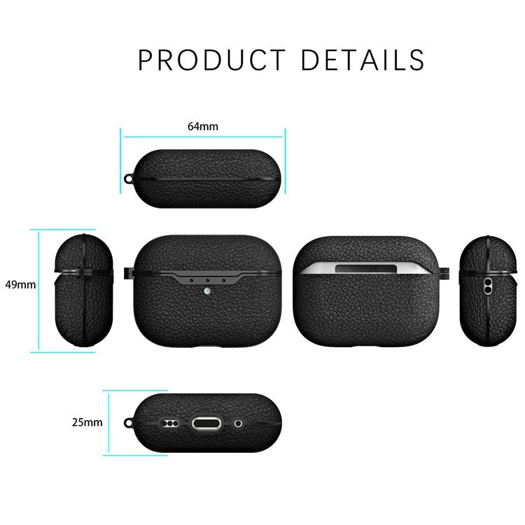 For AirPods Pro 2 Litchi Texture Soft TPU Bluetooth Earphone Case Ultra-thin Protective Cover with Ring Buckle - Black