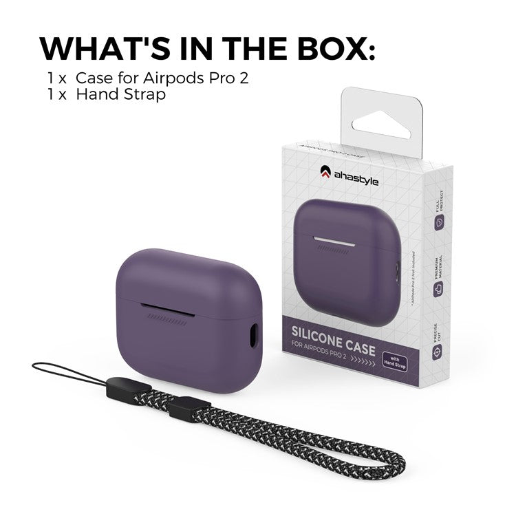 AHASTYLE PT187 For Apple AirPods Pro 2 Bluetooth Earphone Silicone Case Earbud Charging Case Protective Cover with Hand Strap - Dark Purple