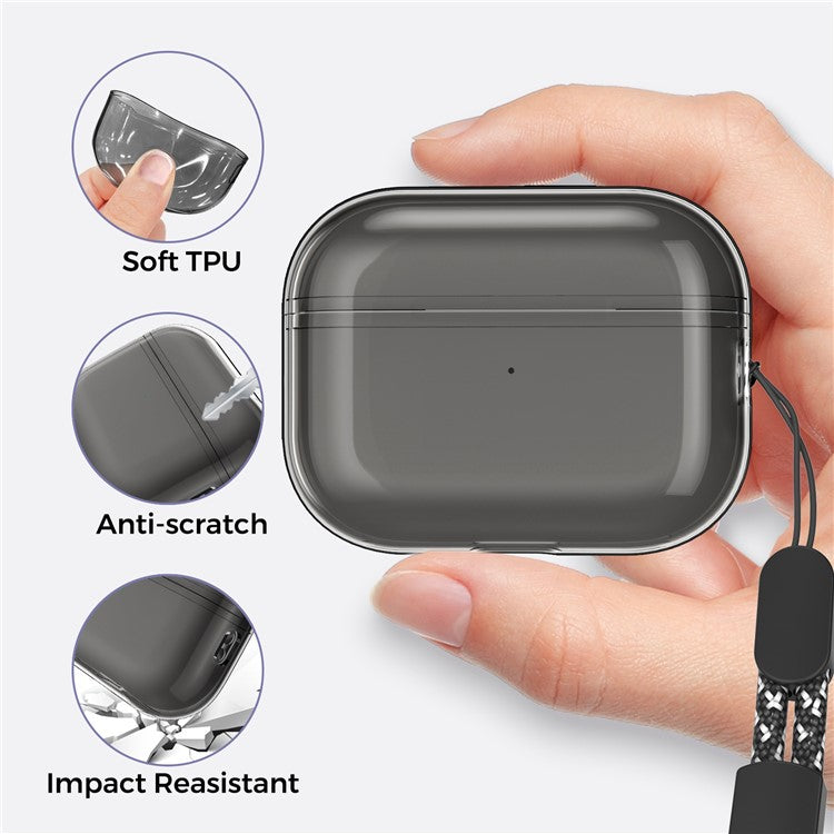 AHASTYLE WG94 For Apple AirPods Pro 2 Transparent TPU Earphone Case Bluetooth Earbud Charging Case Anti-scratch Cover with Hand Strap - Transparent Grey