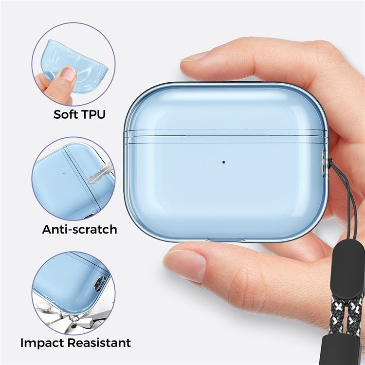 AHASTYLE WG94 For Apple AirPods Pro 2 Transparent TPU Earphone Case Bluetooth Earbud Charging Case Anti-scratch Cover with Hand Strap - Transparent Blue