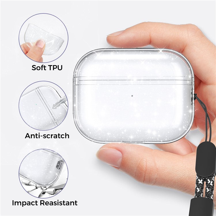 AHASTYLE WG94 For Apple AirPods Pro 2 Transparent TPU Earphone Case Bluetooth Earbud Charging Case Anti-scratch Cover with Hand Strap - Transparent / Glitter