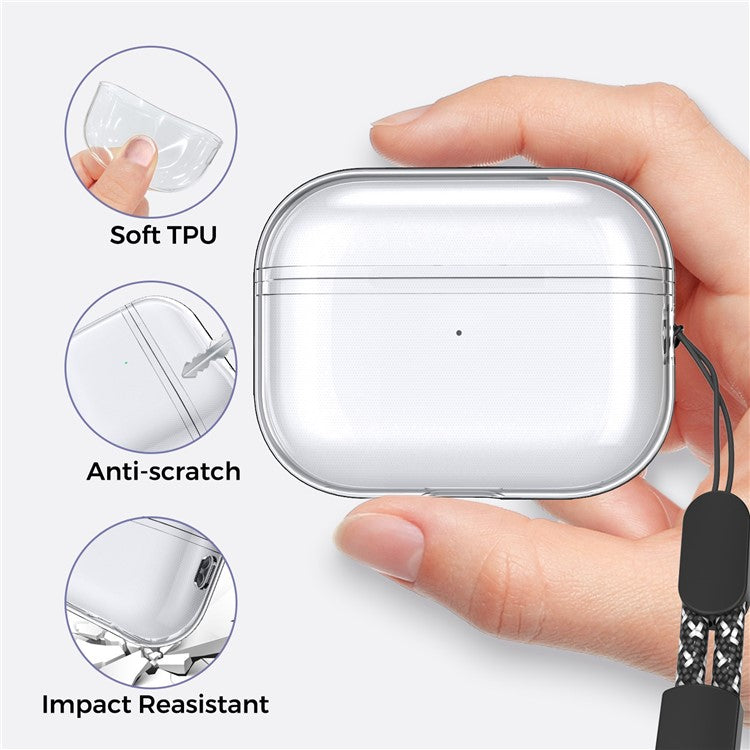 AHASTYLE WG94 For Apple AirPods Pro 2 Transparent TPU Earphone Case Bluetooth Earbud Charging Case Anti-scratch Cover with Hand Strap - Transparent