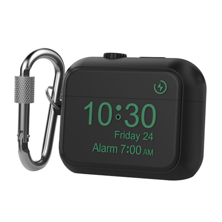 AHASTYLE PT104 For Apple AirPods Pro 2 Silicone Case Digital Clock Display Design Bluetooth Earphone Anti-drop Cover with Carabiner - Black