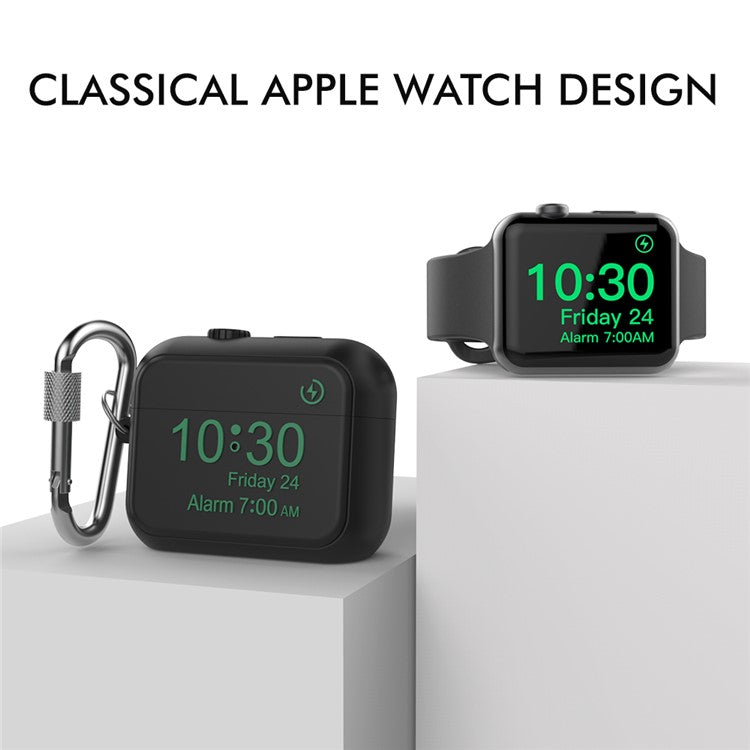 AHASTYLE PT104 For Apple AirPods Pro 2 Silicone Case Digital Clock Display Design Bluetooth Earphone Anti-drop Cover with Carabiner - Black