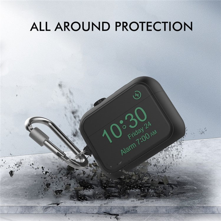 AHASTYLE PT104 For Apple AirPods Pro 2 Silicone Case Digital Clock Display Design Bluetooth Earphone Anti-drop Cover with Carabiner - Black