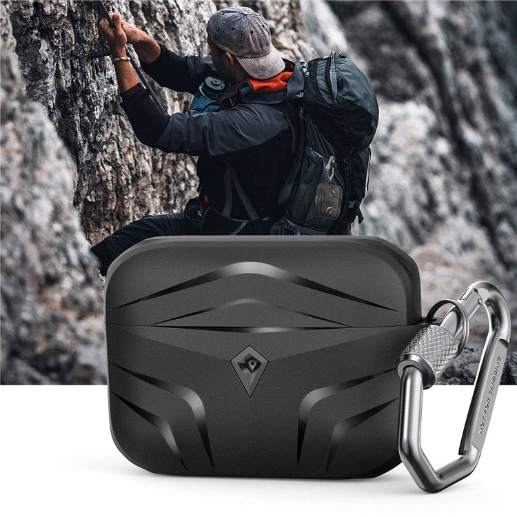 AHASTYLE PT140 For Apple AirPods Pro 2 / AirPods Pro Earphone TPU Case Rhombus Two-Piece Design Anti-fall Earbud Cover with Carabiner - Black