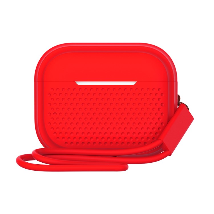 For AirPods Pro 2 Silicone Earphone Case Anti-Fall Anti-Dust Earbud Protection Skin Cover with Strap - Red