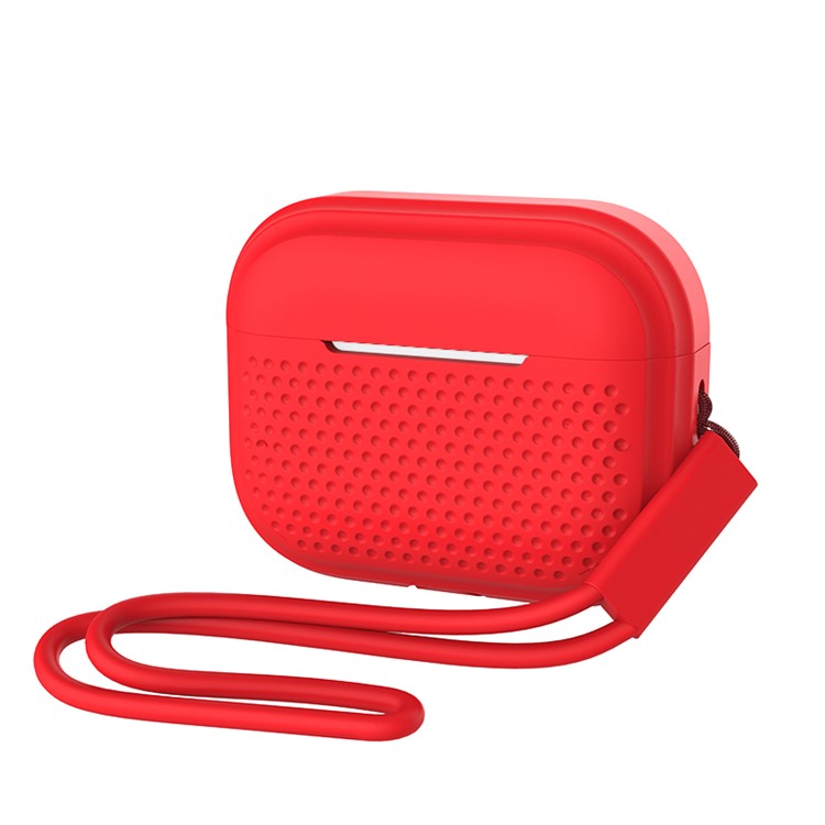 For AirPods Pro 2 Silicone Earphone Case Anti-Fall Anti-Dust Earbud Protection Skin Cover with Strap - Red