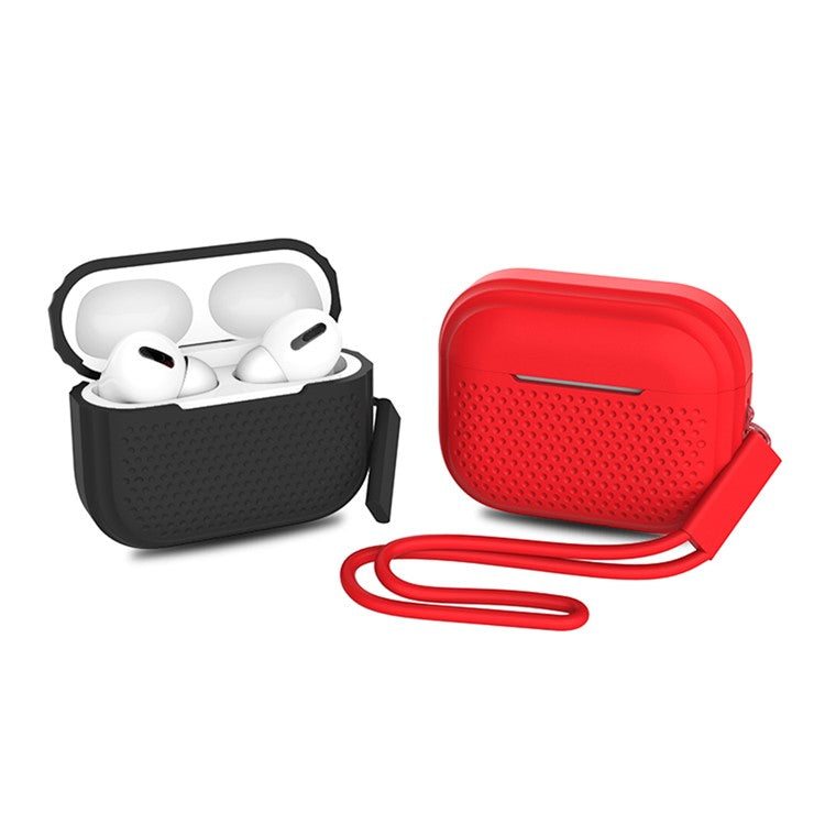 For AirPods Pro 2 Silicone Earphone Case Anti-Fall Anti-Dust Earbud Protection Skin Cover with Strap - Red