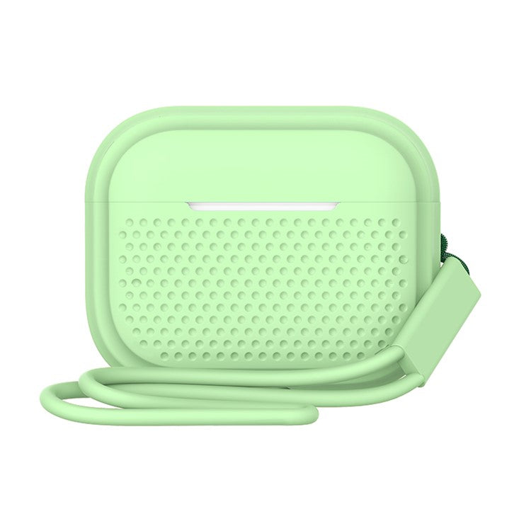 For AirPods Pro 2 Silicone Earphone Case Anti-Fall Anti-Dust Earbud Protection Skin Cover with Strap - Matcha Green