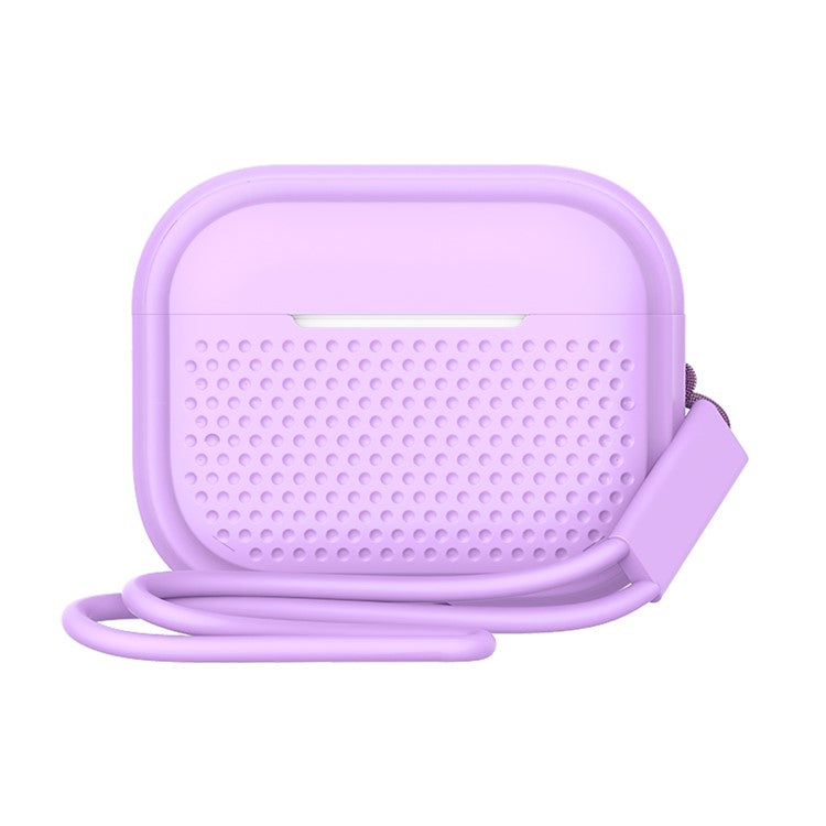 For AirPods Pro 2 Silicone Earphone Case Anti-Fall Anti-Dust Earbud Protection Skin Cover with Strap - Light Purple