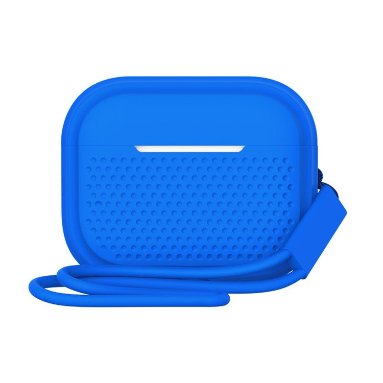 For AirPods Pro 2 Silicone Earphone Case Anti-Fall Anti-Dust Earbud Protection Skin Cover with Strap - Blue