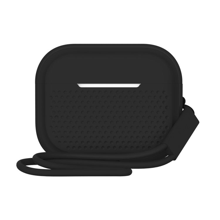 For AirPods Pro 2 Silicone Earphone Case Anti-Fall Anti-Dust Earbud Protection Skin Cover with Strap - Black