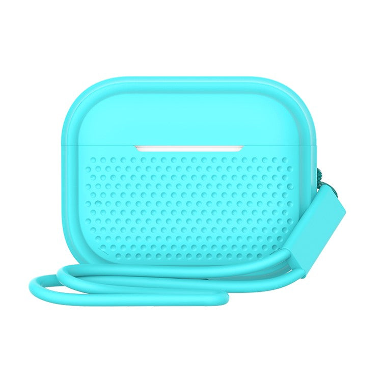 For AirPods Pro 2 Silicone Earphone Case Anti-Fall Anti-Dust Earbud Protection Skin Cover with Strap - Mint Green