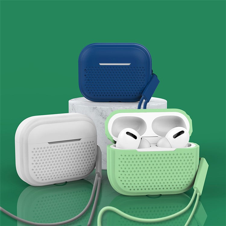 For AirPods Pro 2 Silicone Earphone Case Anti-Fall Anti-Dust Earbud Protection Skin Cover with Strap - Mint Green