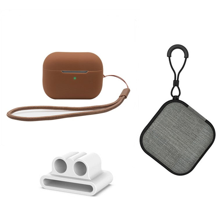 For Apple AirPods Pro 2 Silicone Case Bluetooth Earphone Anti-drop Cover + Hand Strap + Watch Band Earbud Holder + Storage Box - Brown