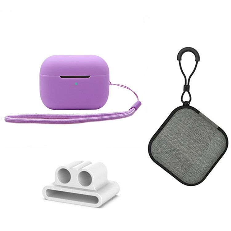 For Apple AirPods Pro 2 Silicone Case Bluetooth Earphone Anti-drop Cover + Hand Strap + Watch Band Earbud Holder + Storage Box - Purple