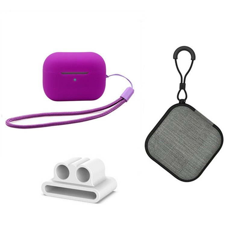 For Apple AirPods Pro 2 Silicone Case Bluetooth Earphone Anti-drop Cover + Hand Strap + Watch Band Earbud Holder + Storage Box - Dark Purple