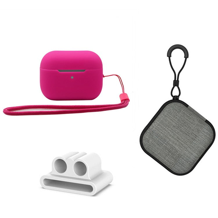 For Apple AirPods Pro 2 Silicone Case Bluetooth Earphone Anti-drop Cover + Hand Strap + Watch Band Earbud Holder + Storage Box - Rose