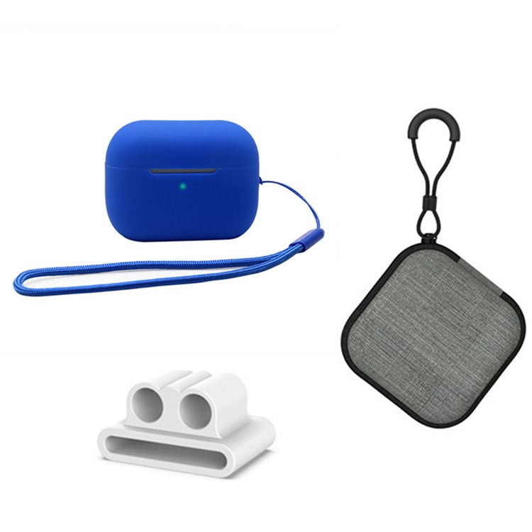 For Apple AirPods Pro 2 Silicone Case Bluetooth Earphone Anti-drop Cover + Hand Strap + Watch Band Earbud Holder + Storage Box - Blue