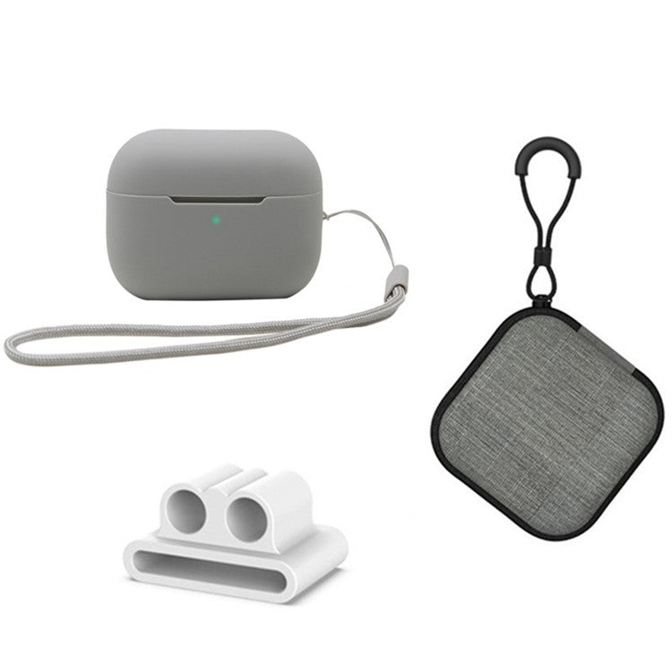 For Apple AirPods Pro 2 Silicone Case Bluetooth Earphone Anti-drop Cover + Hand Strap + Watch Band Earbud Holder + Storage Box - Grey