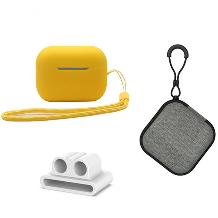 For Apple AirPods Pro 2 Silicone Case Bluetooth Earphone Anti-drop Cover + Hand Strap + Watch Band Earbud Holder + Storage Box - Yellow