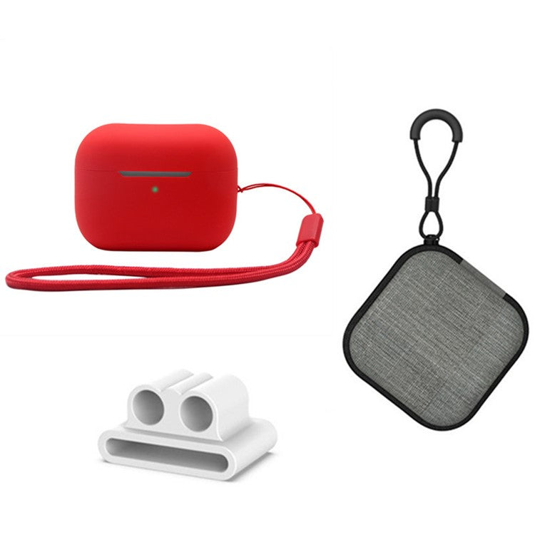 For Apple AirPods Pro 2 Silicone Case Bluetooth Earphone Anti-drop Cover + Hand Strap + Watch Band Earbud Holder + Storage Box - Red