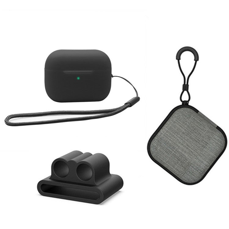 For Apple AirPods Pro 2 Silicone Case Bluetooth Earphone Anti-drop Cover + Hand Strap + Watch Band Earbud Holder + Storage Box - Black