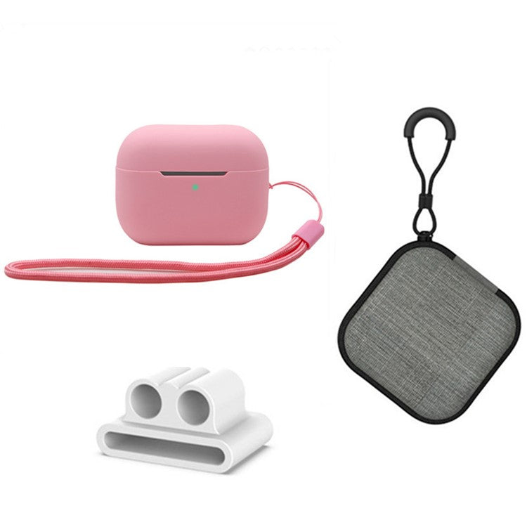 For Apple AirPods Pro 2 Silicone Case Bluetooth Earphone Anti-drop Cover + Hand Strap + Watch Band Earbud Holder + Storage Box - Pink