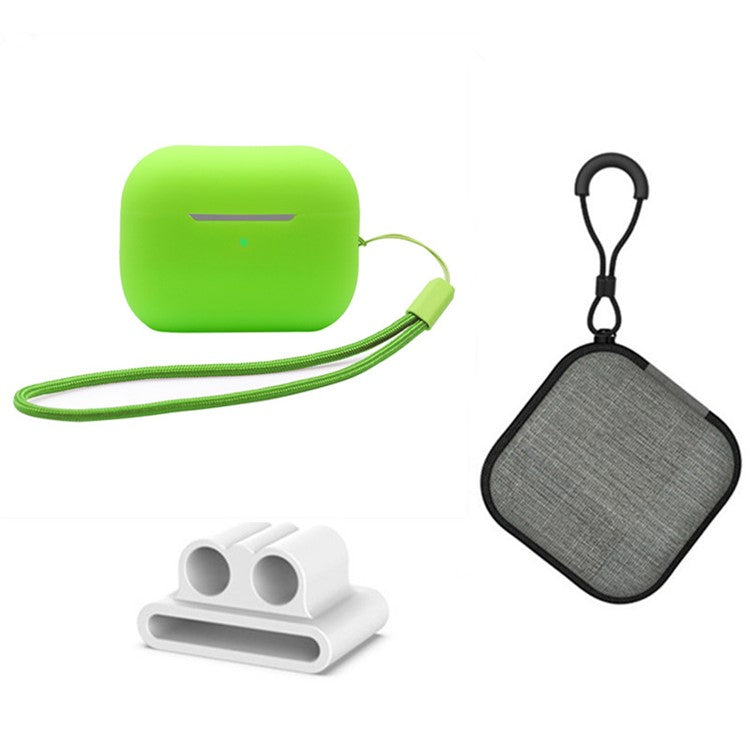 For Apple AirPods Pro 2 Silicone Case Bluetooth Earphone Anti-drop Cover + Hand Strap + Watch Band Earbud Holder + Storage Box - Green