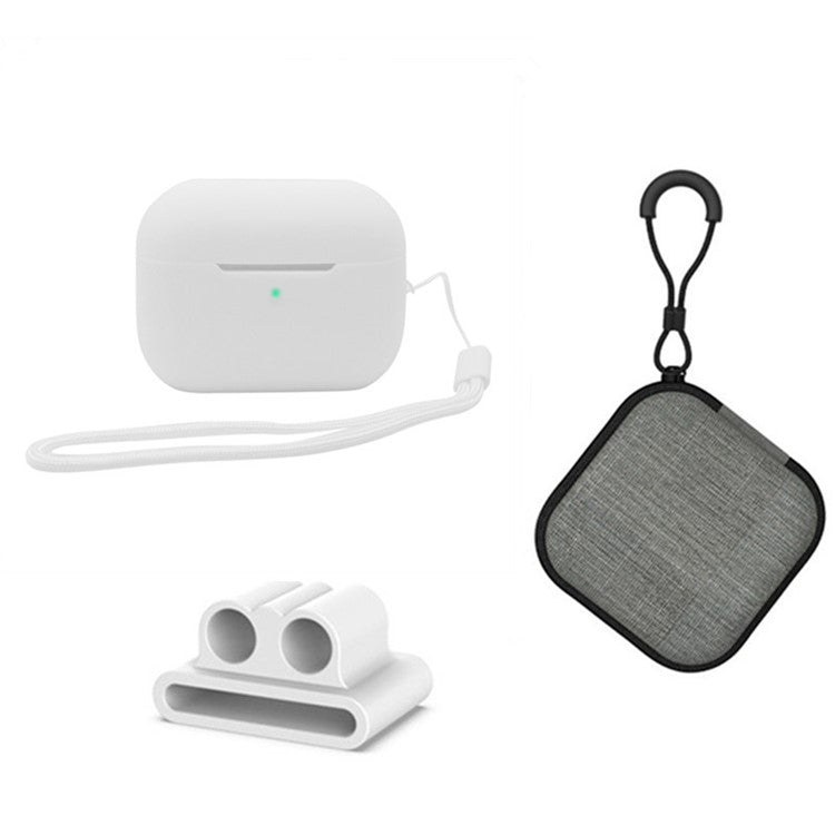 For Apple AirPods Pro 2 Silicone Case Bluetooth Earphone Anti-drop Cover + Hand Strap + Watch Band Earbud Holder + Storage Box - White