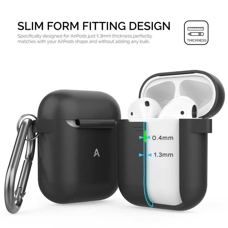 AHASTYLE PT06-3 for Apple AirPods with Charging Case (2016) / (2019) / AirPods with Wireless Charging Case (2019) Earbud Silicone Case Shockproof Earphone Cover with Carabiner - Black