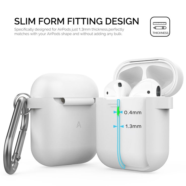 AHASTYLE PT06-3 for Apple AirPods with Charging Case (2016) / (2019) / AirPods with Wireless Charging Case (2019) Earbud Silicone Case Shockproof Earphone Cover with Carabiner - White