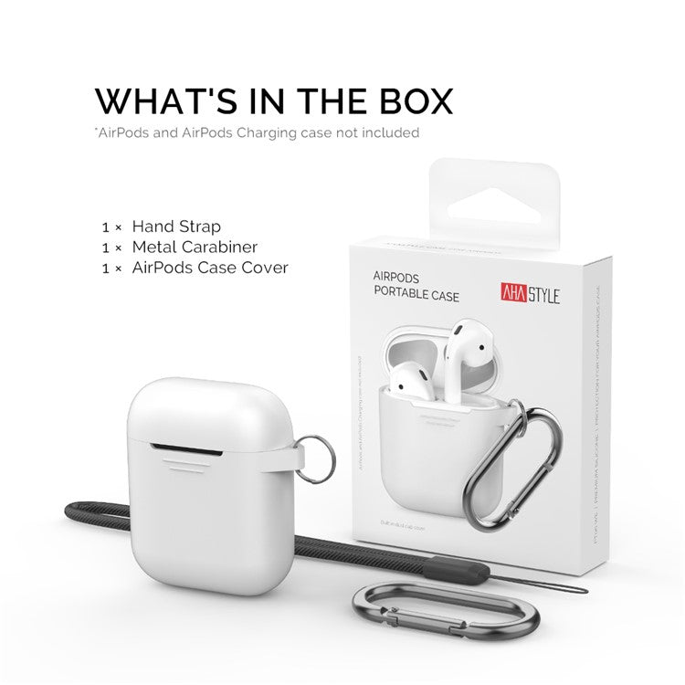 AHASTYLE PT06-3 for Apple AirPods with Charging Case (2016) / (2019) / AirPods with Wireless Charging Case (2019) Earbud Silicone Case Shockproof Earphone Cover with Carabiner - White