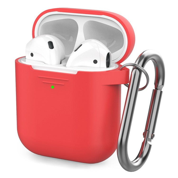 AHASTYLE PT06-3 for Apple AirPods with Charging Case (2016) / (2019) / AirPods with Wireless Charging Case (2019) Earbud Silicone Case Shockproof Earphone Cover with Carabiner - Red