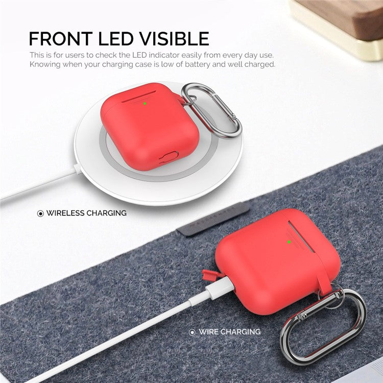 AHASTYLE PT06-3 for Apple AirPods with Charging Case (2016) / (2019) / AirPods with Wireless Charging Case (2019) Earbud Silicone Case Shockproof Earphone Cover with Carabiner - Red