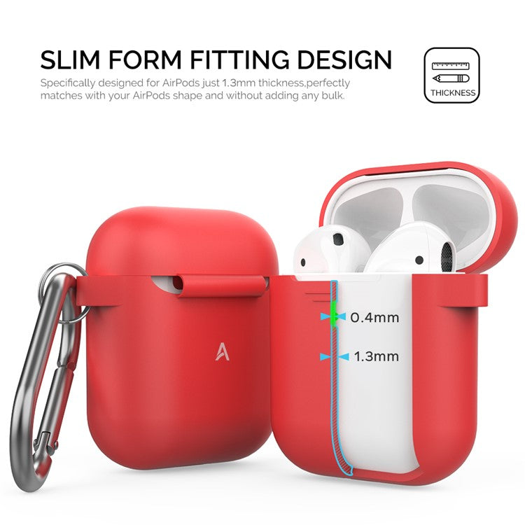 AHASTYLE PT06-3 for Apple AirPods with Charging Case (2016) / (2019) / AirPods with Wireless Charging Case (2019) Earbud Silicone Case Shockproof Earphone Cover with Carabiner - Red